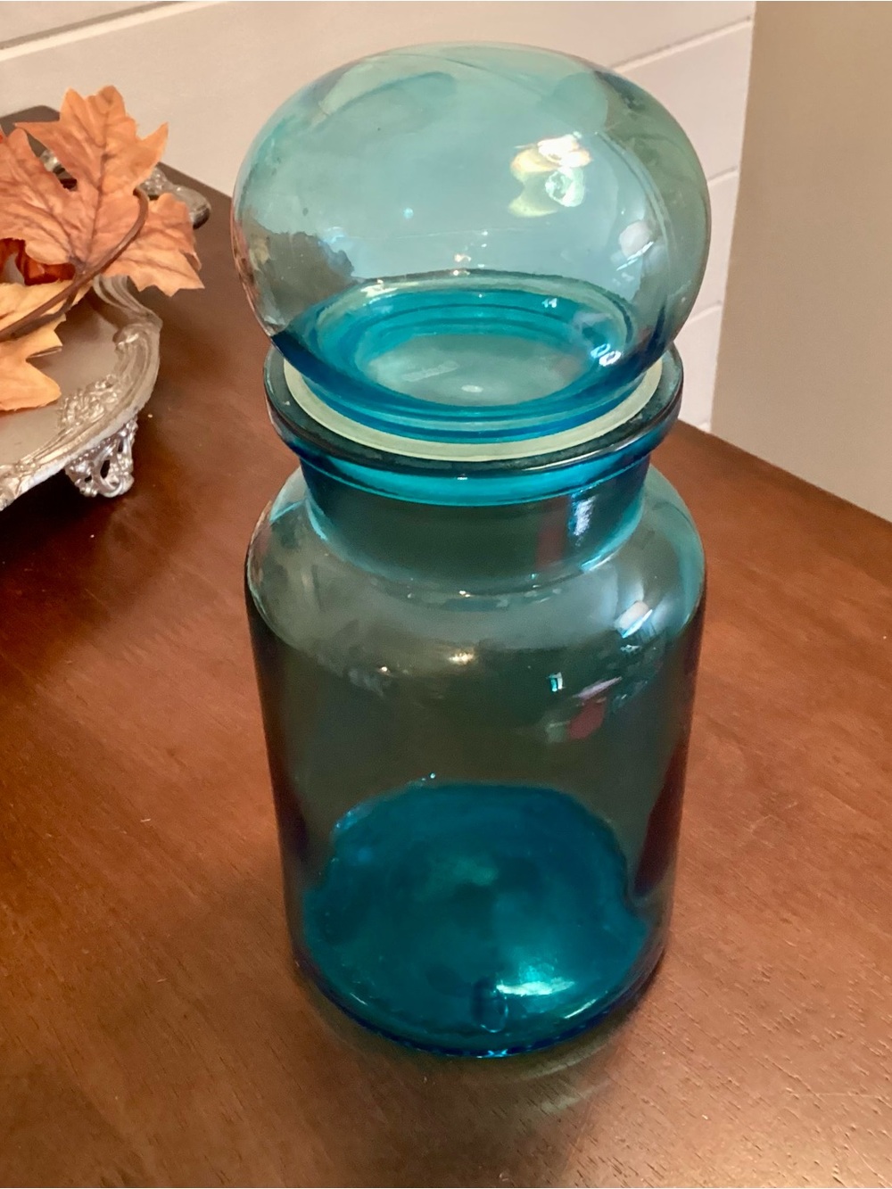 Belgium Aqua Blue Glass Apothecary Jar with Round Stopper Lid